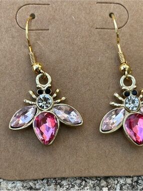 Gold Bee Drop Earrings with Pink and Clear Crystals